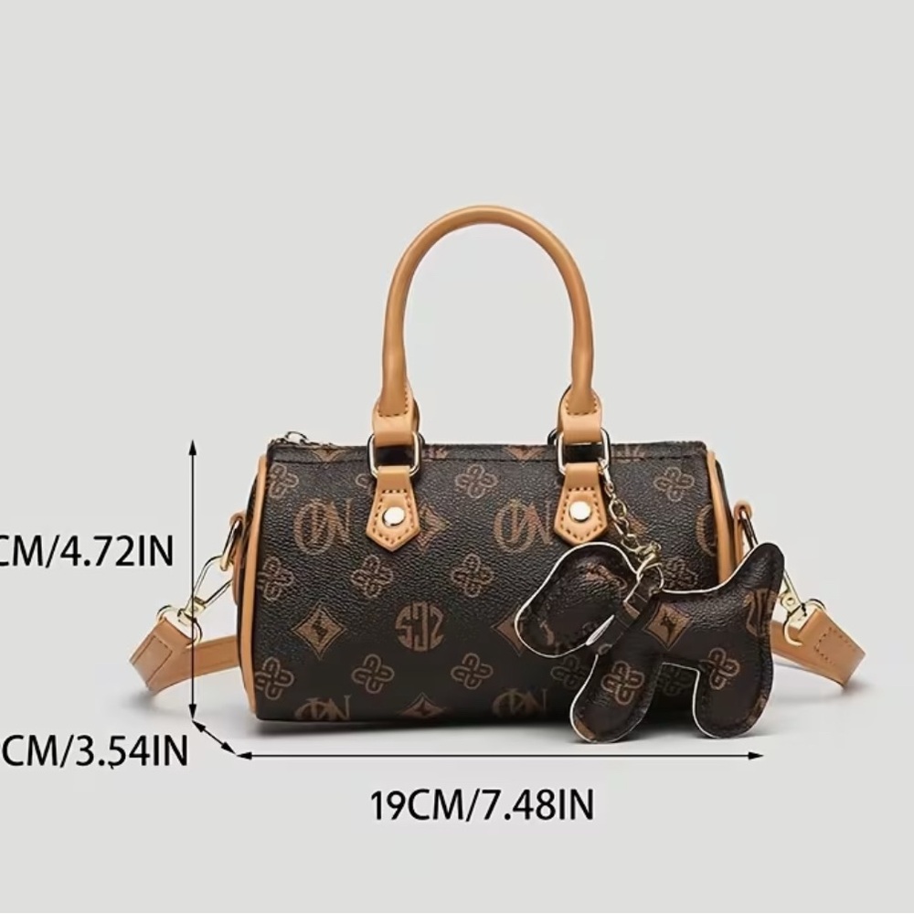 Brown Monogram Barrel Bag Designer Inspired with Puppy Charm & Golden-Tone NIP - Picture 5 of 13